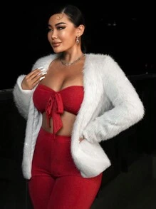 SHEIN SXY Solid Open Front Fuzzy Coat - Grey - View 3