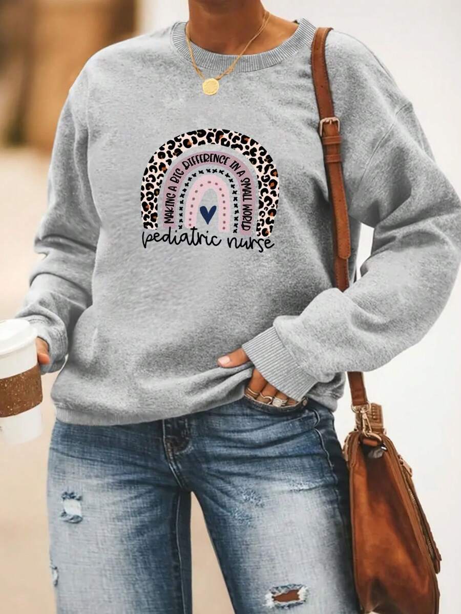 SHEIN LUNE Plus Leopard & Letter Graphic Drop Shoulder Sweatshirt - Grey - View 1