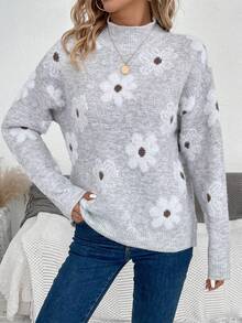SHEIN Essnce Mô hình hoa Cổ giả Thả vai Áo len - Xám - Xem 3