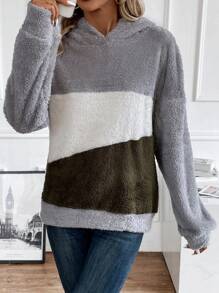 SHEIN LUNE Color Block Drop Shoulder Flannel Hoodie - Multicolor - View 3