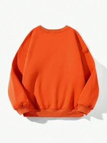 SHEIN EZwear Áo nỉ nữ cỡ lớn cổ tròn dài tay in nhiệt đơn giản & tối giản, thích hợp cho mùa thu đông - trái cam - Xem 2