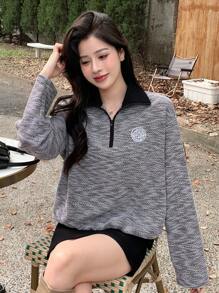 Dazy Star Graphic Print Drop Shoulder Marled Knit Sweatshirt,Fall Clothes - Black and White - View 7