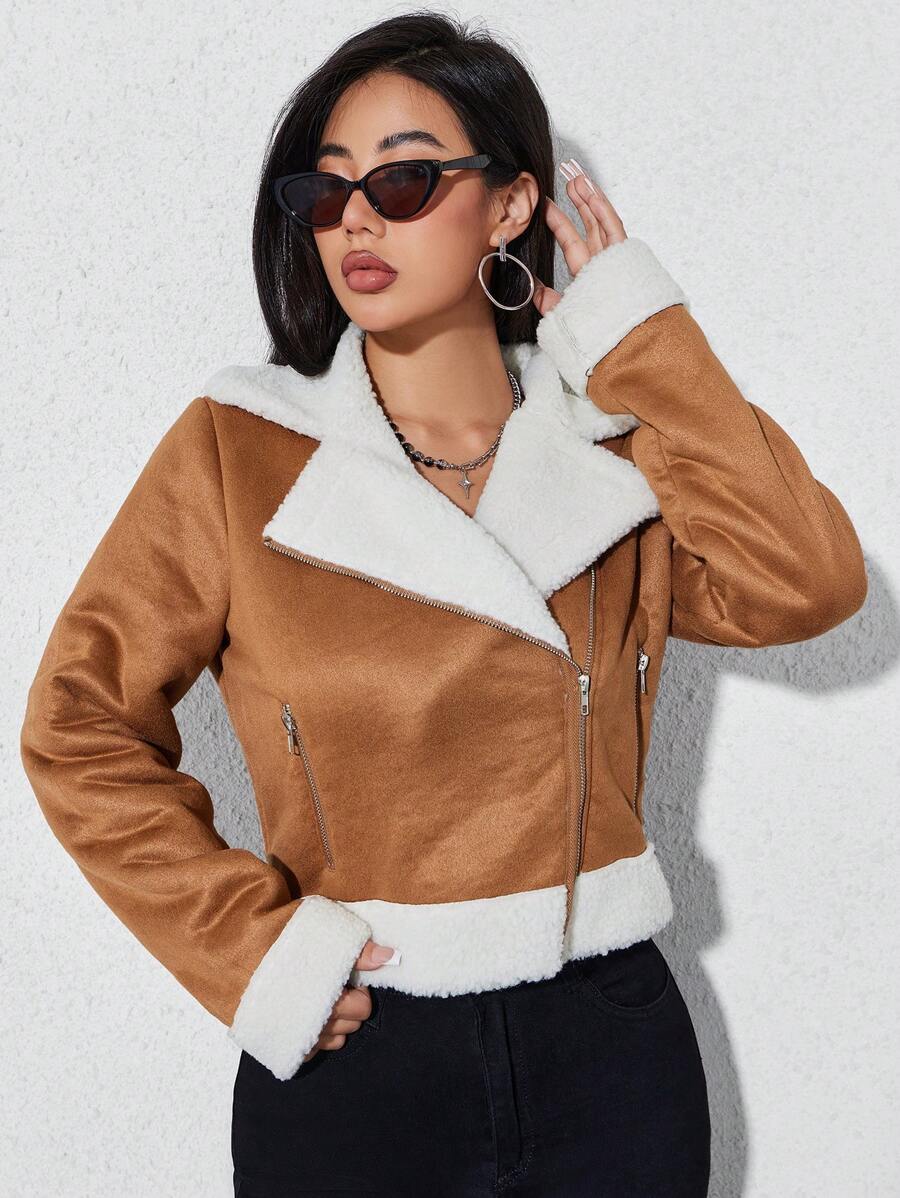 SHEIN Essnce Lót Teddy Dây kéo Áo khoác moto - màu nâu - Xem 1