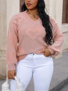 Calvaya Plus Faux Pearls Beaded Heart Pattern Drop Shoulder Sweater Knit Pullover Fall Winter Sweater - Pink - View 1