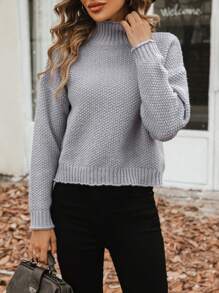 SHEIN LUNE 高领落肩针织套头衫秋冬毛衣 - 灰色 - 查看 6