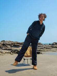 In My Nature Letter Graphic Drawstring Waist Outdoor Sweatpants - Black - View 8