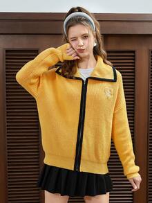 SHEIN EZwear Thêu trái tim Tương phản ràng buộc Thả vai Dây kéo Áo len Mở - Màu vàng - Xem 5