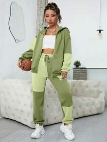 SHEIN EZwear 撞色落肩袖拉鏈連帽衫 - 彩色 - 查看 5