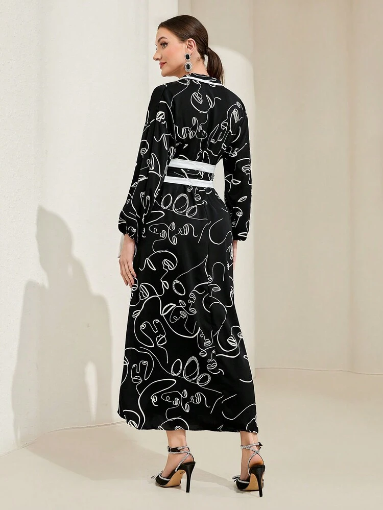 Figure Graphic Lantern Sleeve Belted Dress