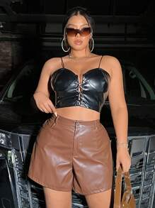 Flirla Plus PU Leather Wide Leg Shorts - Coffee Brown - View 1