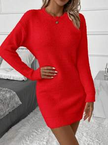 SHEIN Clasi Solid Drop Shoulder Sweater Dress - Red - View 5