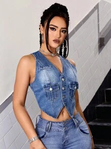 SHEIN ICON Top en mezclilla tank crop con bolsillo con solapa con botón delantero - Azul lavado medio - Ver 5