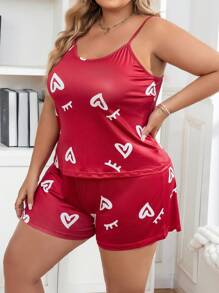 Talla grande Conjunto de pijama shorts con top de tirantes con estampado de corazón - Rojo - Ver 5