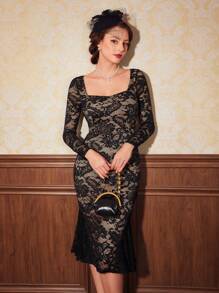 SHEIN DECDS 女款復古蕾絲美人魚洋裝適合聖誕派對 - 黑色 - 查看 1