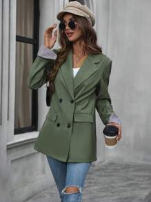 SHEIN LUNE Kẻ sọc Cổ tay áo Đôi ngực Áo vest - xanh quân đội - Xem 4