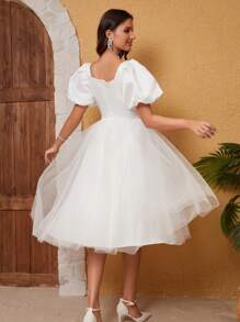 Nơ mặt trước Ống tay áo Lớp phủ lưới Váy dự tiệc - trắng - Xem 2