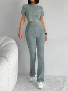 EURMUSE Solid Crop Tee & Pants - Mint Green - View 4