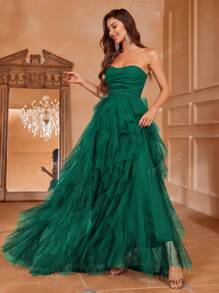 Vestido de novia romántico sin tirantes con falda de tul acampanada y volantes en capas - Perfecto para bodas clásicas, vestido de graduación, recepciones de gala de noche, atuendos de cumpleaños para mujeres, novia
