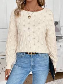 SHEIN Frenchy 素色網眼針織套頭毛衣 - 杏色 - 查看 3