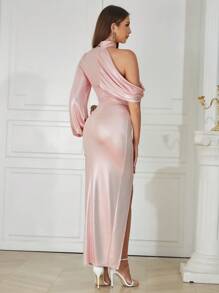 Asymmetrical Neck Lantern Sleeve Split Thigh Satin Dress - Baby Pink - View 2