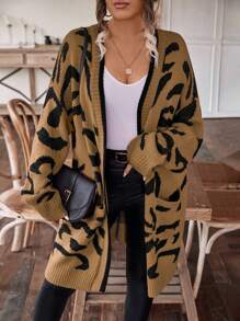 SHEIN LUNE 大碼圖形圖案落肩袖開襟衫 - 卡其色 - 查看 1