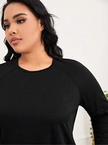 SHEIN Yoga Basic 大碼素色插肩袖運動T恤 - 黑色 - 查看 5