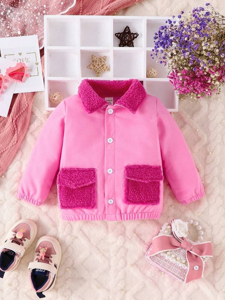 Baby Girl Contrast Teddy Flap Pocket Jacket