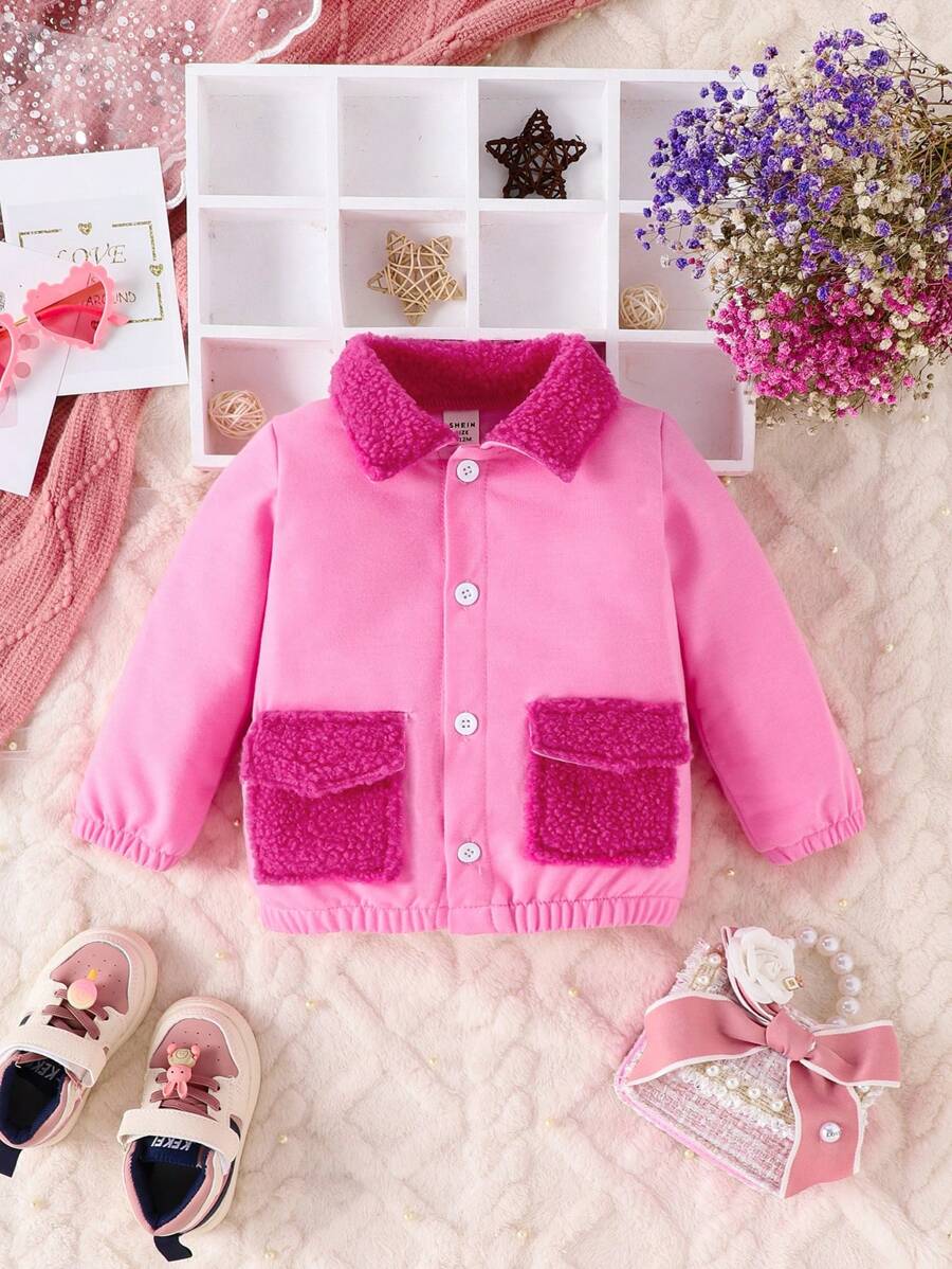 Baby Girl Contrast Teddy Flap Pocket Jacket - Pink - View 1