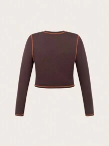 SHEIN EZwear 大碼骷髏&標語圖案頂針短款T恤 - 巧克力棕 - 查看 2