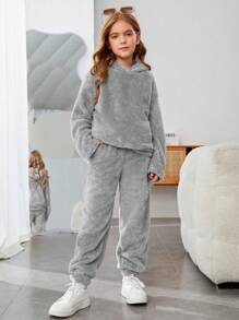 SHEIN Leap Crew 女大童字母貼布落肩袖法蘭絨連帽衫和褲子 - 淺灰色 - 查看 4