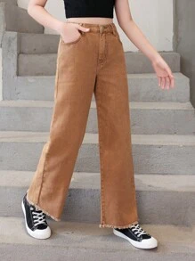 Tween 女童新款休闲时尚牛仔裤，带磨边下摆和直腿