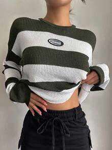DAZY Hai âm Chi tiết Patched thư Thả vai Áo len - xanh quân đội - Xem 3