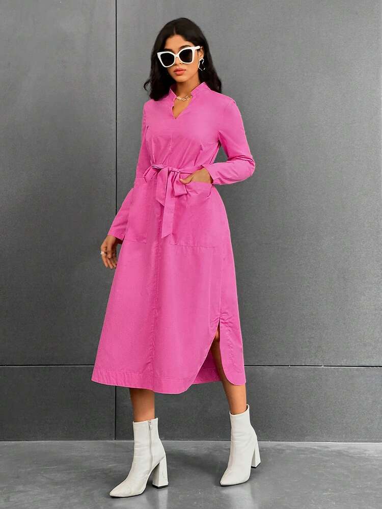 Notched Neckline Belted Shirt Dress