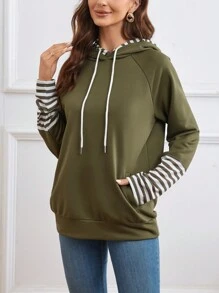 EMERY ROSE Striped Raglan Sleeve Drawstring Hoodie - Army Green - View 3