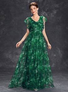 Women's Floral Print Ruffle Sleeve Elegant Mother Of The Bride Dress - Dark Green - View 3