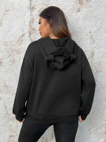 SHEIN EZwear Plus Size 3d Ear Detail Kangaroo Pocket Lettered Hooded Sweatshirt
