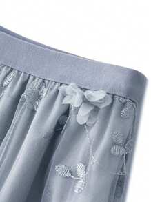 Women's Elegant Mesh Embroidered Floral Skirt, Autumn - Grey - View 3