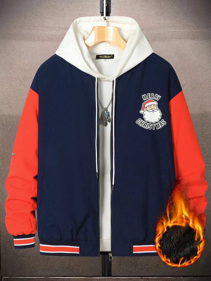 Manfinity Homme 1 件宽松男士圣诞印花拼色拉链夹棉外套