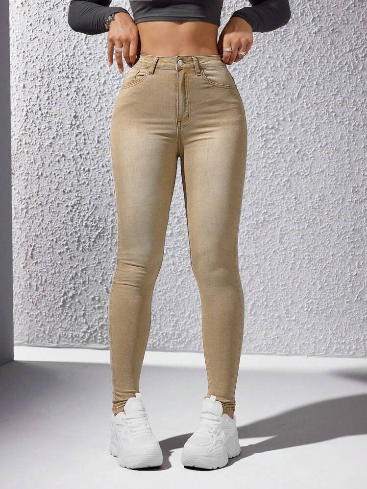 SHEIN Essnce Jeans ajustados de talle alto - Albaricoque - Añade 1