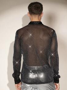 FeverCity 男士金屬亮絲透視網紗襯衫 - 黑色 - 查看 2