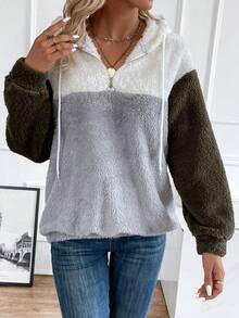 SHEIN LUNE Khối màu Khóa kéo một phần tư Thả vai Dây rút Hoodie - Nhiều màu - Xem 4