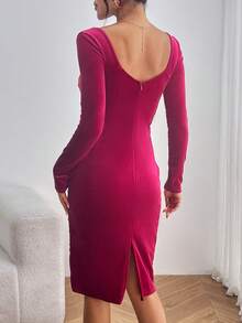 SHEIN Privé 雞心領口褶邊網紗緊身洋裝 - 酒紅色 - 查看 2