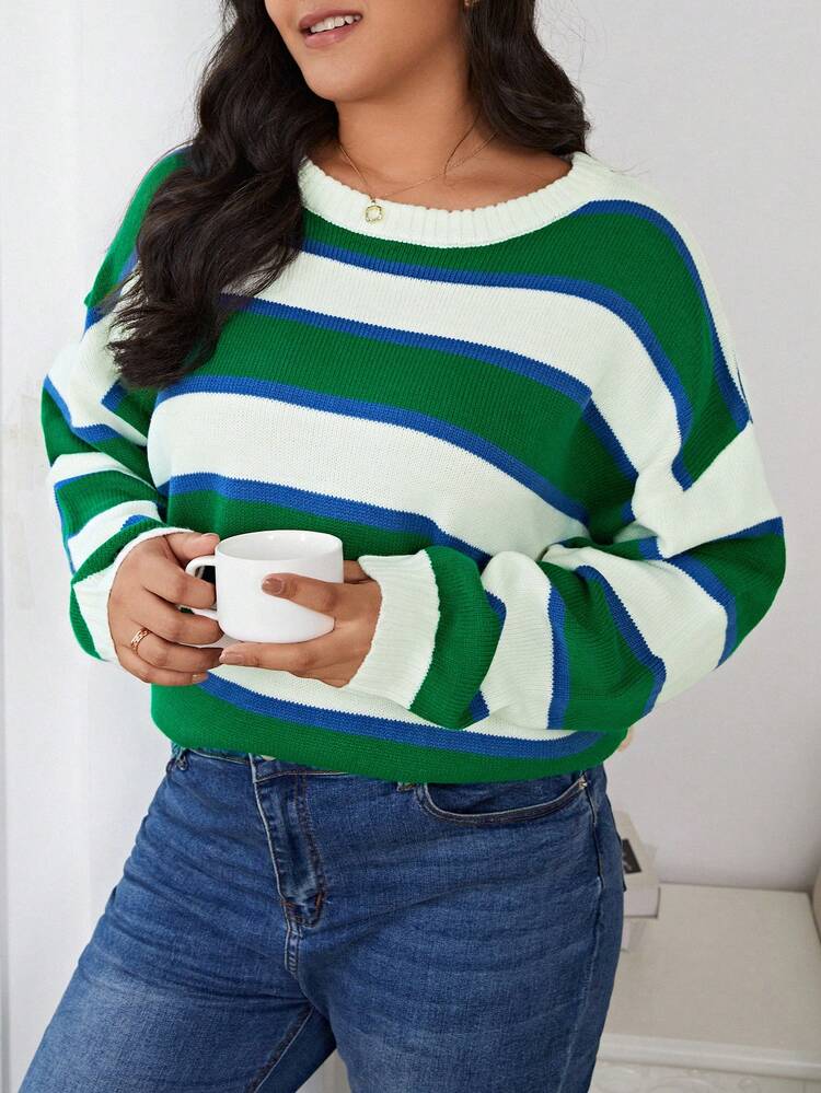 Plus Size Striped Sweater With Drop Shoulder Design
