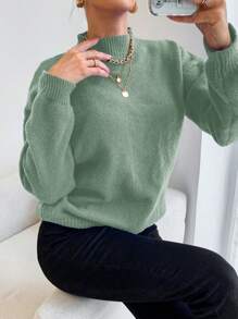 EURMUSE Round Neck Solid Color Drop Shoulder Casual Sweater - Mist Green - View 4
