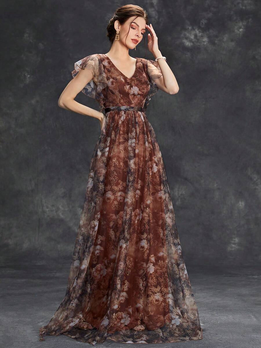 Women's Floral Print Butterfly Sleeve Elegant Bride Mother Formal Dress Wedding Vacation Spring - Brown - View 1