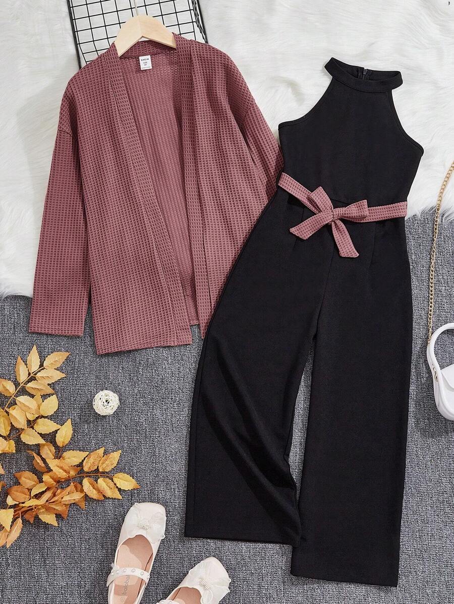 SHEIN 女大童開門襟外套&腰帶繞頸連體褲 - 粉色 - 查看 1
