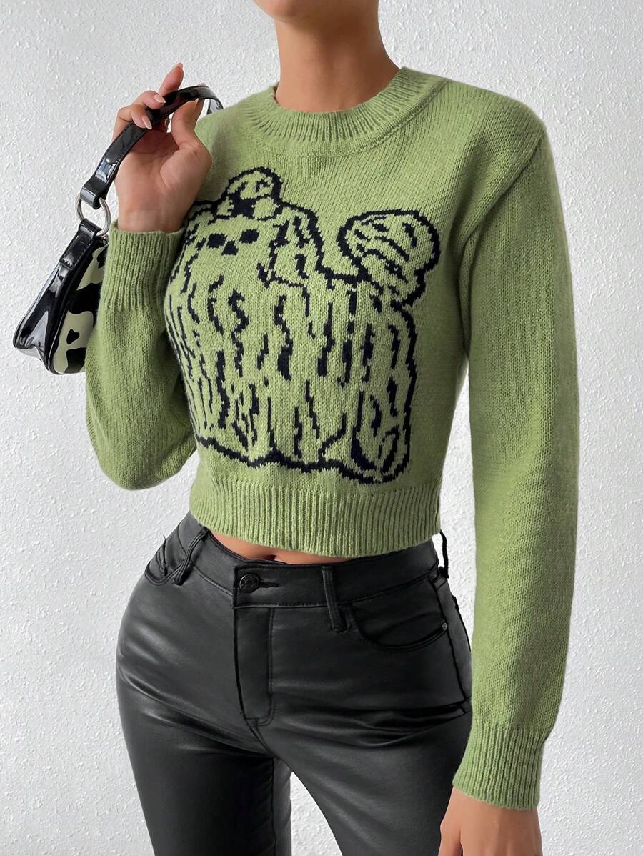SHEIN Unity Cartoon Pattern Crop Knit Pullover Fall Winter Sweater - Green - View 1