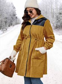 大碼拼接PU皮革腰部抽繩拉鏈開襟連帽外套 - 芥末黃 - 查看 1
