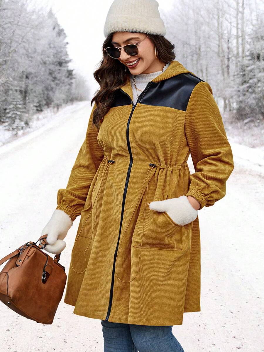 大碼拼接PU皮革腰部抽繩拉鏈開襟連帽外套 - 芥末黃 - 查看 1