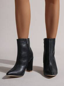 2025秋冬新款粗跟短靴女尖头高跟靴欧美时尚细跟靴 - 黑色 - 查看 2